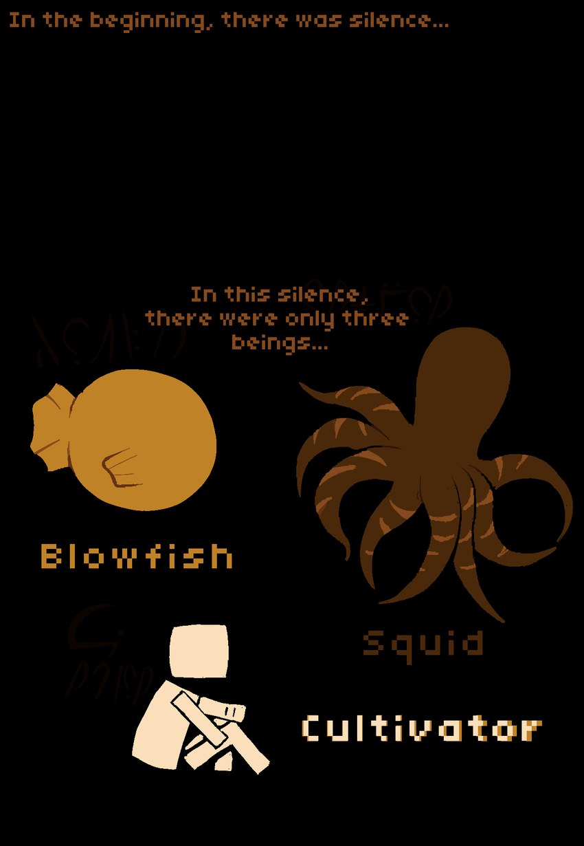 ambiguous_gender group text the_cultivator_(starbound) trio afuckingcamel-zenge-art_(artist) mythology starbound cephalopod fish humanoid marine mollusk porcupinefish ruin_(starbound) tetraodontiform comic english_text hi_res