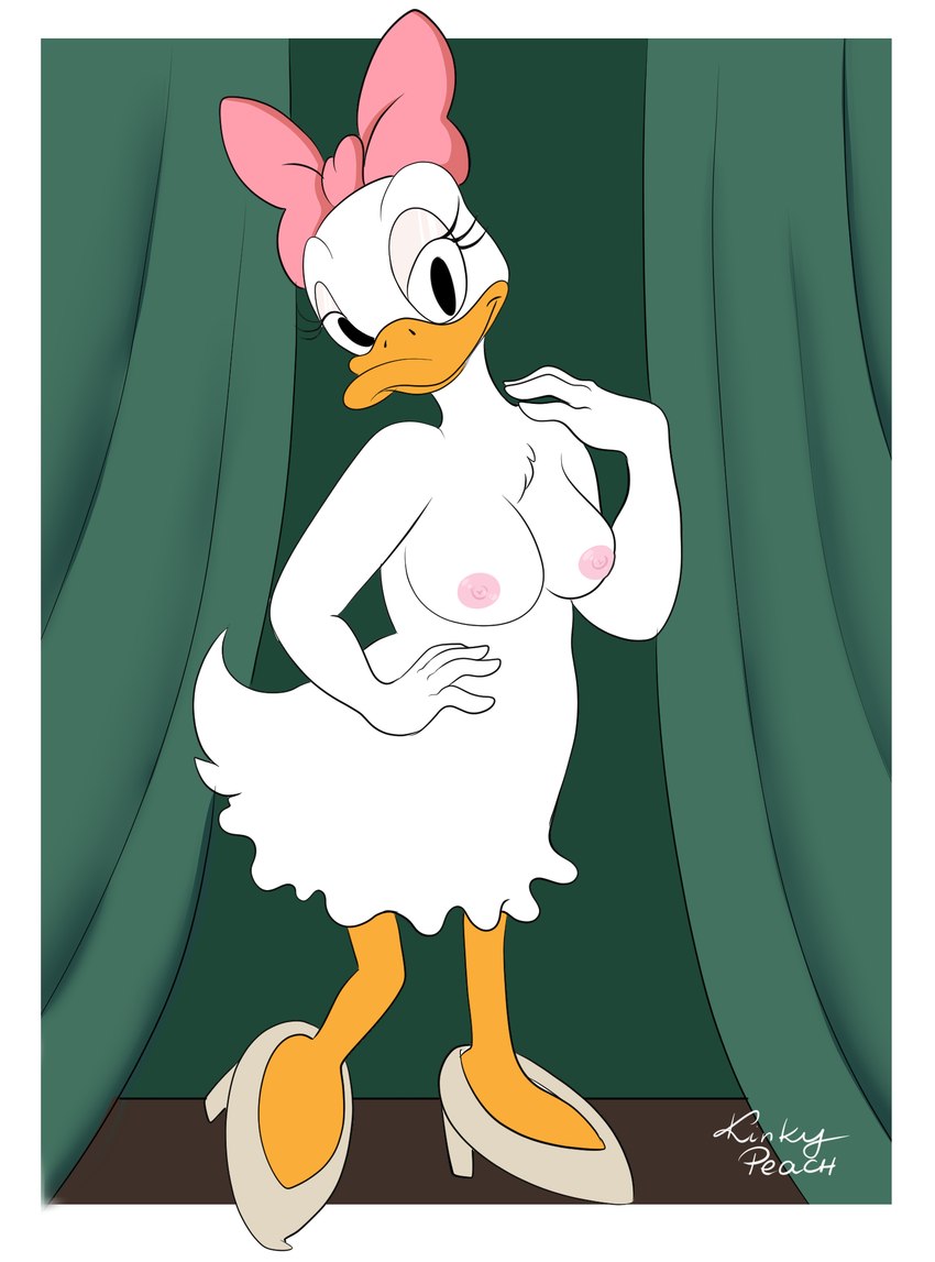 anthro avian_butt breasts clothing feathers female footwear high_heels looking_at_viewer nipples nude photo_shoot pink_hairbow pink_nipples pose ruffled_feathers shoes smile solo tasteful_nudity vintage_pinup white_clothing white_footwear white_high_heels kinkypeach disney mr._duck_steps_out daisy_duck anatid anseriform avian bird duck hi_res pinup