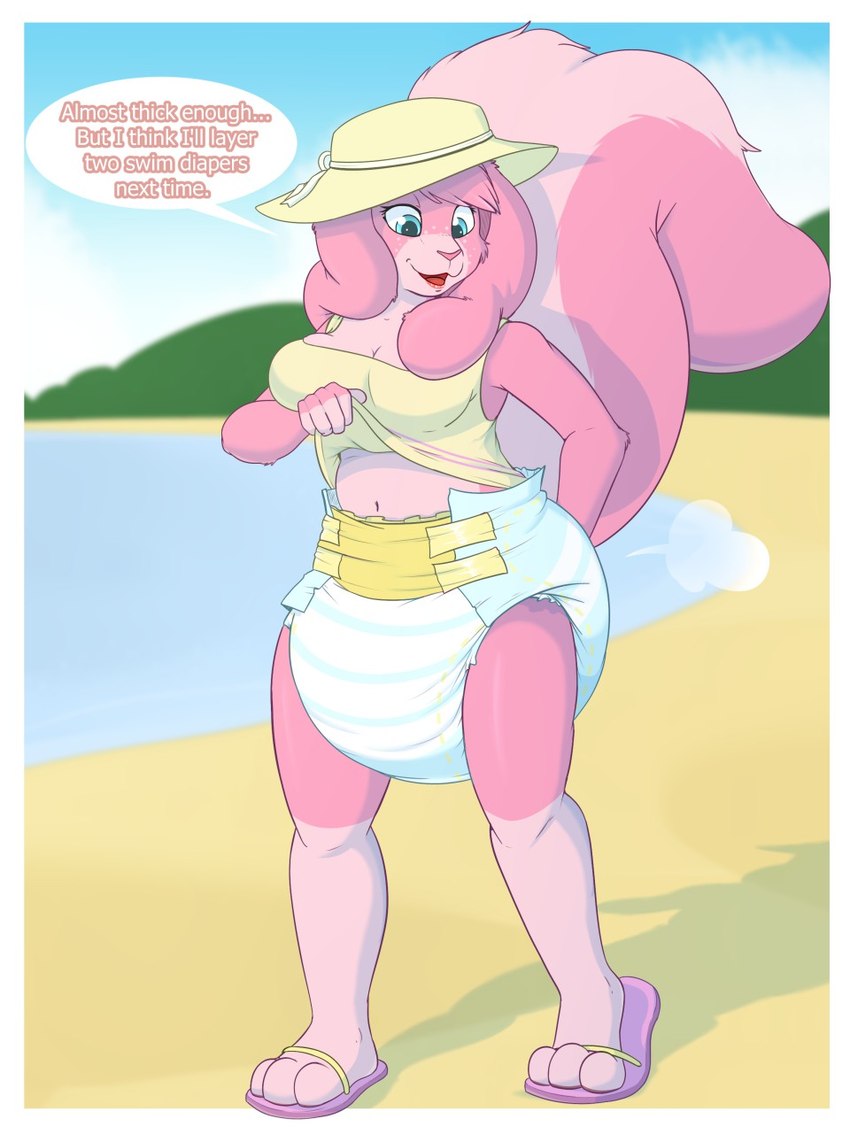 ageplay anthro beach big_tail blue_diaper blue_eyes blue_sky clothed clothing cloud diaper diaper_puff female fur glistening glistening_eyes hair hat headgear headwear infantilism open_mouth outside pink_body pink_ears pink_fur pink_hair pink_tail red_tongue roleplay sky solo standing striped_diaper tail tongue topwear water wearing_diaper white_diaper yellow_clothing yellow_hat yellow_headwear yellow_topwear bunnykisses lily_(bunnykisses) hybrid lagomorph leporid mammal rabbit 3:4 hi_res