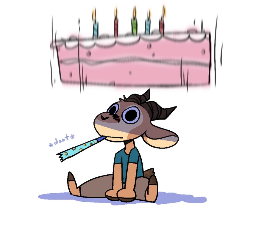 2_horns anthro barefoot biped birthday_cake birthday_candle cake candle clothed clothing dessert facial_markings falling feet food head_markings head_tuft horn imminent_mess male markings motion_blur motion_lines mouth_hold onomatopoeia party_horn shadow simple_background sitting solo soul_devouring_eyes sound_effects text tuft white_background fuel_(artist) chico_(fuel) antelope bovid gazelle mammal 2024 english_text