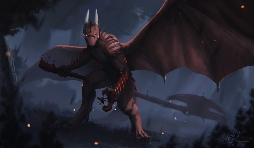 anthro axe blood bodily_fluids forest forest_background gaze glowing glowing_eyes halberd horn intimidation large_wings looking_at_viewer male melee_weapon muscular muscular_male nature nature_background plant polearm solo spikes spikes_(anatomy) spread_wings stare stripes tail tree weapon wings kalfy mythology jarek dragon mythological_creature mythological_scalie scalie absurd_res hi_res