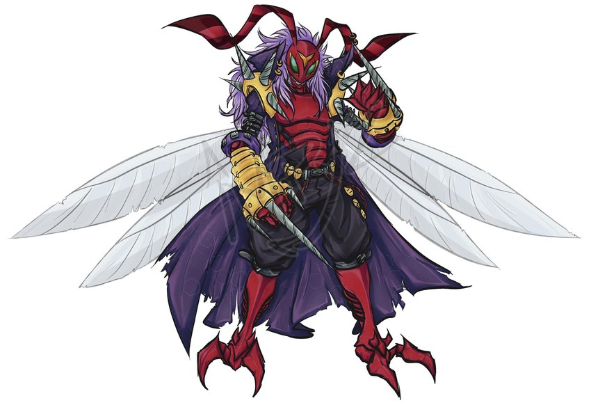 abs antennae_(anatomy) anthro bancho black_clothing clothing feet insect_wings long_coat male muscular muscular_anthro muscular_male pecs red_body solo spikes talons toes wings impyznso bandai_namco digimon arthropod banchostingmon insect hi_res