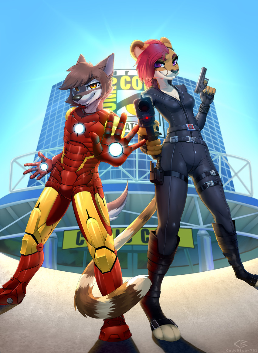 adolescent age_difference anthro armor clothing cosplay costume duo female machine male power_armor smile weapon young young_anthro young_male codyblue-731 marvel balto_star black_widow_(marvel) iron_man nikki_kofi canid canine canis cheetah felid feline mammal wolf absurd_res hi_res