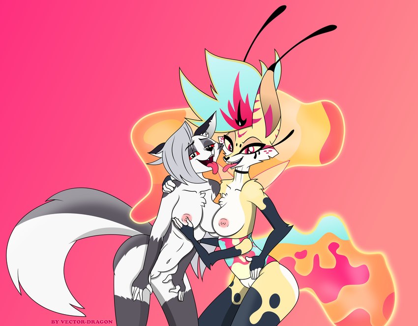 ahegao anthro breast_play breasts duo female female/female looking_at_viewer looking_pleasured multi_arm multi_limb vector-brony helluva_boss mythology loona_(helluva_boss) queen_bee-lzebub_(helluva_boss) canid canid_demon canine demon hellhound mammal mythological_canine mythological_creature hi_res