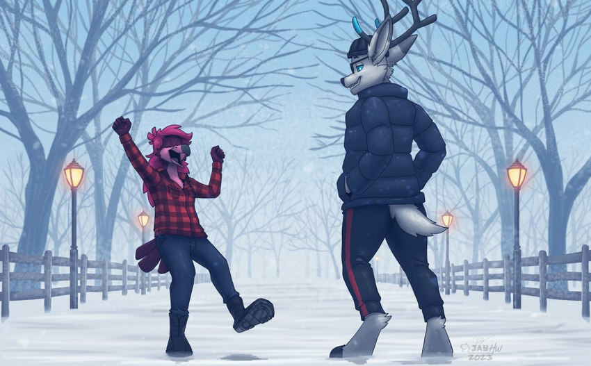 5_fingers ankle_tuft anthro antlers barefoot beak beanie black_boots black_claws black_clothing black_footwear black_nose black_sweatpants blue_antlers blue_bottomwear blue_clothing blue_eyes blue_pants blue_sclera blue_topwear boots bottomwear cheek_tuft chin_tuft claws clothing detailed_background digitigrade dipstick_ears duo ear_markings ear_tuft eyes_closed eyewear facial_tuft feathers feet female fence fingers fist flannel footwear fur glasses grey_antlers grey_beak grey_beanie grey_body grey_clothing grey_fur grey_hat grey_headwear grin hair half-closed_eyes hand_in_pocket hat headgear headwear horn leg_tuft logo long_hair male multicolored_beak multicolored_ears narrowed_eyes on_one_leg one_eye_obstructed open_beak open_mouth outside pants pink_beak pink_body pink_feathers pink_hair pink_tongue plant plantigrade pockets puffer_jacket purple_body purple_feathers raised_arm raised_fist raised_hand rear_view shoes short_tail smile snow snowing standing street_lamp tail tail_feathers teeth tongue topwear tree tuft two_tone_beak white_body white_fur wingless_avian sammfeatblueheart avian bird deer flamingo mammal 2023 artist_logo hi_res shaded signature