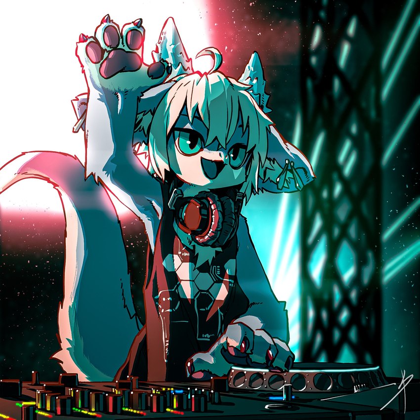 4_fingers ahoge anthro blonde_hair blue_eyes claws clothed clothing detailed_background disc_jockey dust ear_piercing electronics finger_claws fingers front_view fur hair hand_over_head headphones headphones_around_neck horn inner_ear_fluff kemono light_show lights male male_anthro open_mouth open_smile particles pawpads piercing pink_pawpads raised_arm ring_piercing shirt short_hair sleeveless_shirt smile solo standing tail tank_top topwear tuft turntable_(decks) young young_anthro young_male blaedic mythology dragon eastern_dragon furred_dragon furred_scalie mythological_creature mythological_scalie scalie 1:1 2021 half-length_portrait hi_res portrait watermark