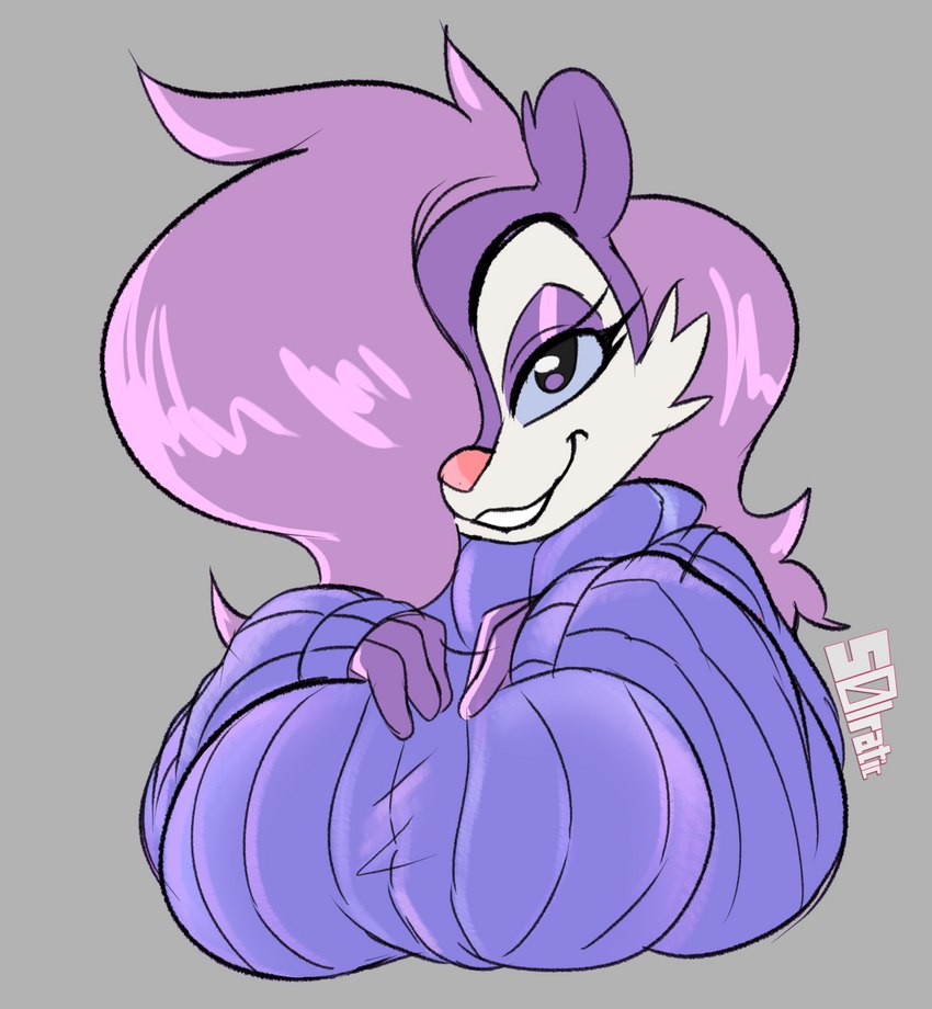 anthro big_breasts blue_clothing blue_sweater blue_topwear breasts clothing female hair hair_over_eye looking_at_viewer one_eye_obstructed solo sweater topwear solratic tiny_toon_adventures warner_brothers fifi_la_fume mammal mephitid skunk bust_portrait hi_res portrait