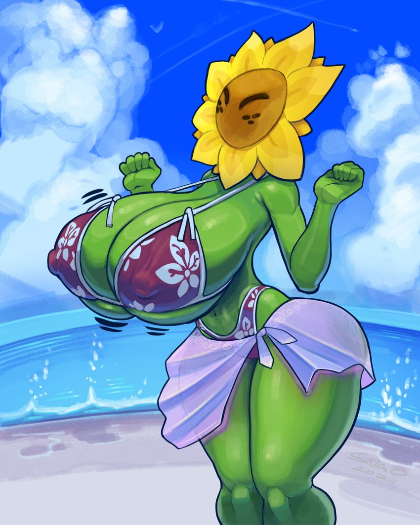 athletic athletic_female beach big_breasts breast_expansion breasts brown_face clothed clothing cloud erect_nipples expansion eyes_closed female flower flower_clothing_pattern front_view glistening glistening_body green_body green_skin growth growth_lines huge_breasts hyper mouthless navel nipple_dip nipples not_furry painted_background plant sea seaside solo spots sunflower thick_thighs water wave snao mario_bros nintendo super_mario_sunshine sunflower_kid elemental_creature flora_fauna humanoid 2024 absurd_res digital_drawing_(artwork) digital_media_(artwork) hi_res