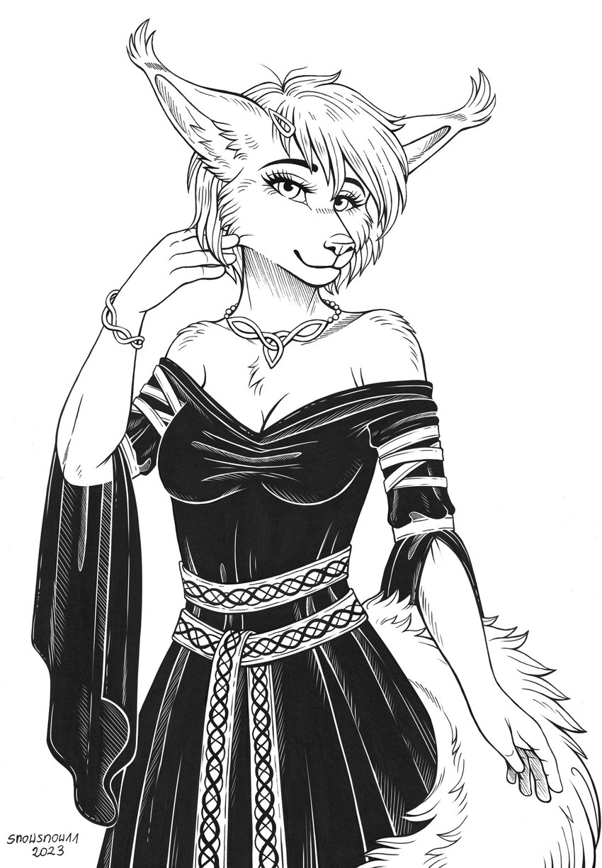 anthro belt bracelet breasts celtic clothing dress ear_tuft female folk_clothes jewelry necklace solo traditional_dress tuft snowsnow11 saoirse_(allen_fuller) domestic_cat felid feline felis hybrid lynx maine_coon mammal absurd_res black_and_white hi_res monochrome sketch