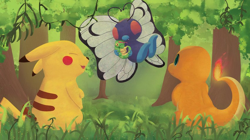 ambiguous_gender detailed_background feral fire flaming_tail forest forest_background fur grass group happy leaf light motherly nature nature_background open_mouth orange_body plant shrub smile tail tree vines yellow_body spyrook nintendo pokemon pokemon_mystery_dungeon spike_chunsoft arthropod butterfree caterpie charmander generation_1_pokemon pikachu pokemon_(species) 16:9 2023 4k absurd_res digital_drawing_(artwork) digital_media_(artwork) hi_res lighting shaded widescreen mother_(lore) parent_(lore)