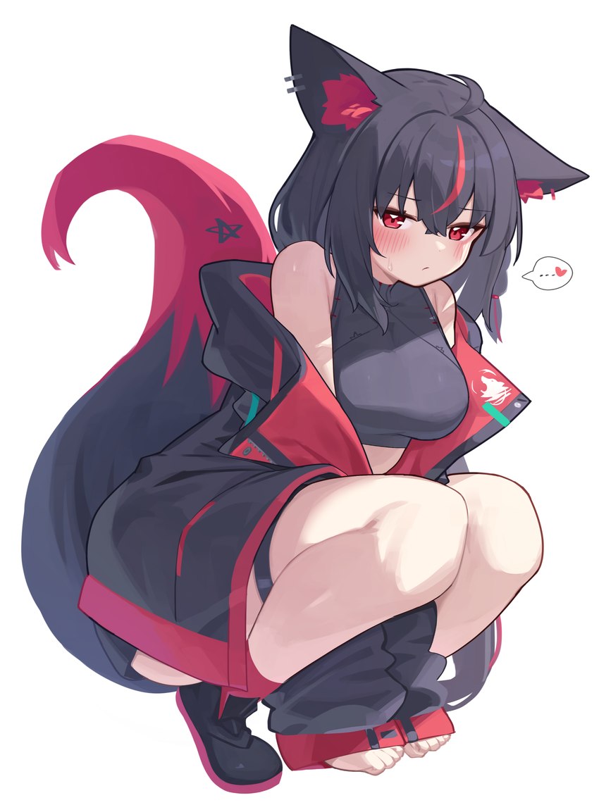 black_hair blush breasts clothing crouching dipstick_tail ear_piercing ear_ring ellipsis eyebrows eyelashes female footwear hair heart_symbol highlights_(coloring) inner_ear_fluff jacket legband markings piercing red_eyes red_highlights red_tail_tip ring_piercing shoes solo tail tail_markings thighband topwear tuft deaver hololive vtuber kurokami_fubuki animal_humanoid canid canid_humanoid canine canine_humanoid fox_humanoid humanoid mammal mammal_humanoid 2024 absurd_res hi_res pictographics