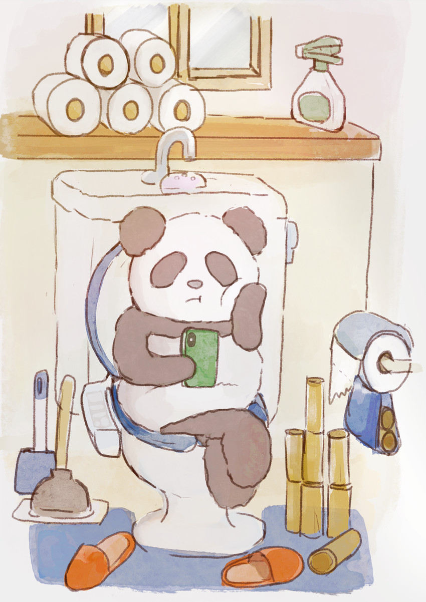 bidet black_body black_fur chibi detailed_background electronics fur kemono male phone semi-anthro sitting slightly_chubby solo toilet white_body white_fur araru bear giant_panda mammal 2020 hi_res