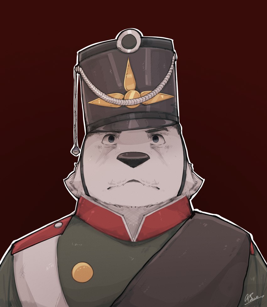 anthro clothed clothing fur green_clothing headgear male napoleonic russia russian solo thousand_yard_stare warrior white_body white_fur callmetatsuo bear mammal polar_bear ursine absurd_res hi_res