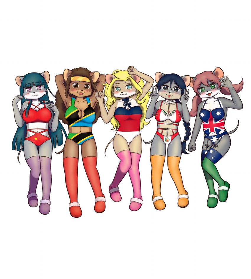 anthro asian_clothing black_hair blonde_hair blush breasts brown_hair chinese_clothing choker cleavage clothed clothing dakimakura east_asian_clothing female flag flag_clothing flag_lingerie flag_print gesture group hair hand_gesture jewelry lingerie long_hair looking_at_viewer midriff necklace orange_hair simple_background v_sign anonymous_artist thea_sisters colette_(thea_sisters) nicky_(thea_sisters) pamela_(thea_sisters) paulina_(thea_sisters) violet_(thea_sisters) mammal mouse murid murine rodent dakimakura_design hi_res