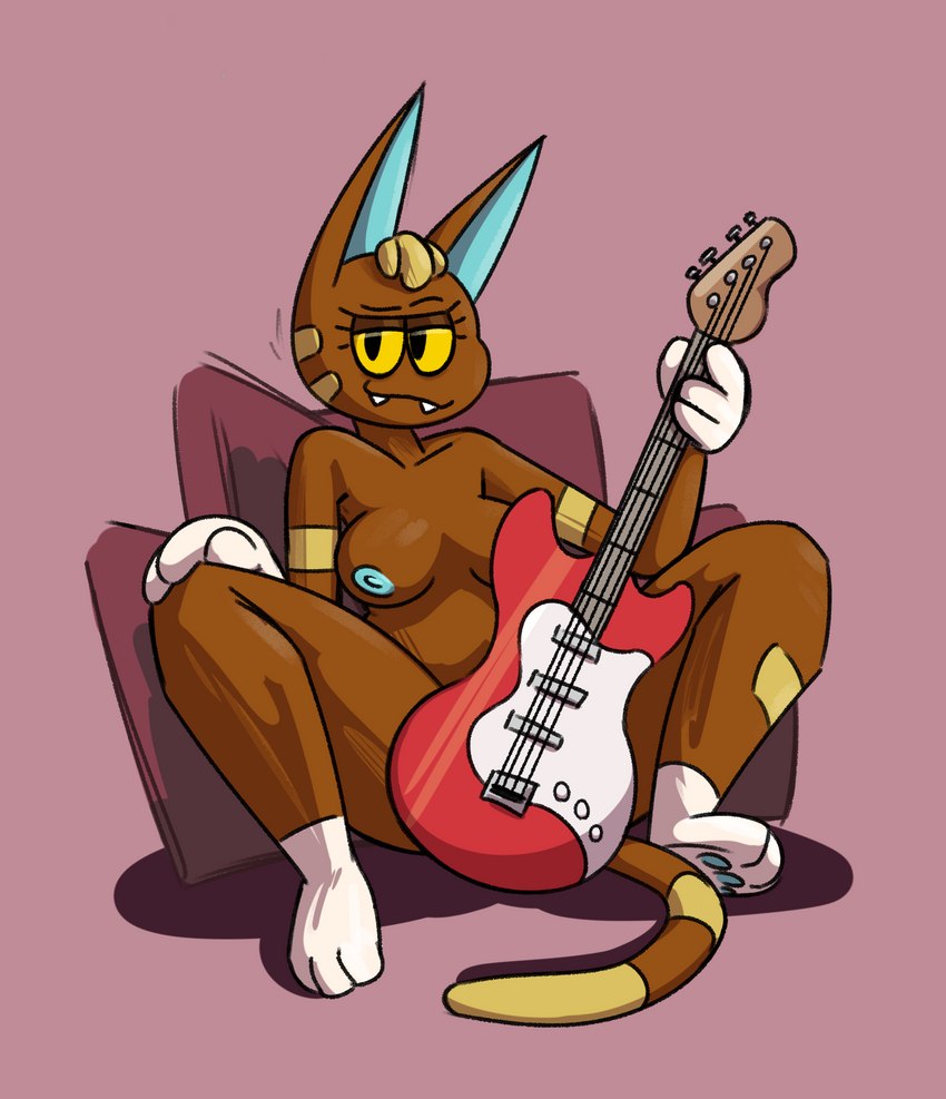 bass_guitar big_sister_villager blonde_hair breasts brown_body brown_fur fangs female fur guitar hair looking_at_viewer musical_instrument nipples nude plucked_string_instrument simple_background solo string_instrument teeth yellow_body yellow_eyes yellow_fur junkbag animal_crossing nintendo katt_(animal_crossing) felid feline mammal hi_res