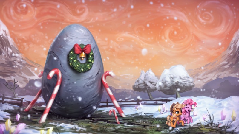 bell blonde_hair candy candy_cane dessert duo female food giant_candy giant_food hair outside pink_hair rock snow snowing assasinmonkey friendship_is_magic hasbro my_little_pony applejack_(mlp) holder's_boulder_(mlp) pinkie_pie_(mlp) earth_pony equid equine horse mammal pony 16:9 2015 digital_media_(artwork) digital_painting_(artwork) hi_res widescreen