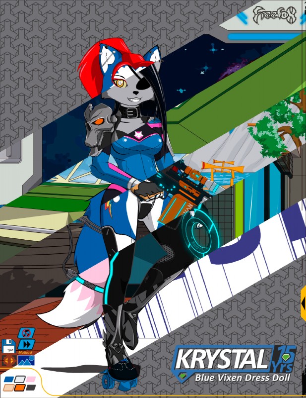 anthro blue_body blue_fur clothing costume cutie_mark evil_eyes eye_patch eyewear female fur gloves handwear makeup piercing smile solo standing text freefox 2k_games borderlands hasbro my_little_pony nintendo star_fox tron krystal_(star_fox) canid canine fox mammal english_text hi_res