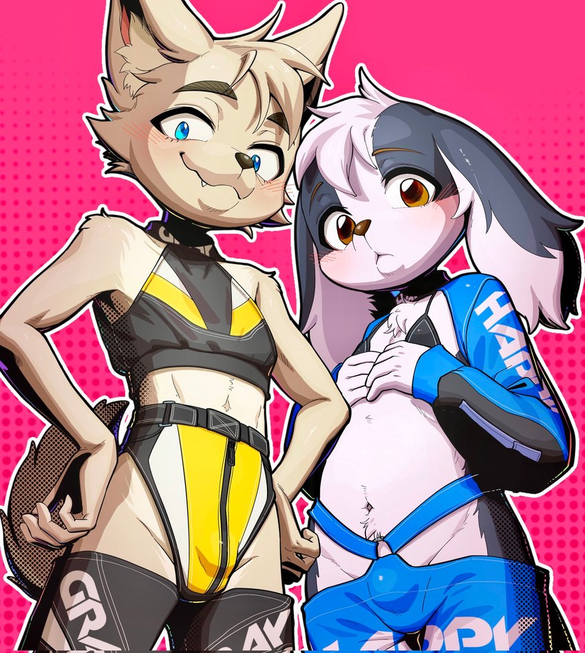 anthro blush blush_lines bulge clothed clothing detailed_bulge duo looking_at_viewer looking_down male male/male skimpy young young_anthro ffjjfjci changle_(ffjjfjci) xiao_hui_(ffjjfjci) canid canine canis domestic_dog mammal hi_res