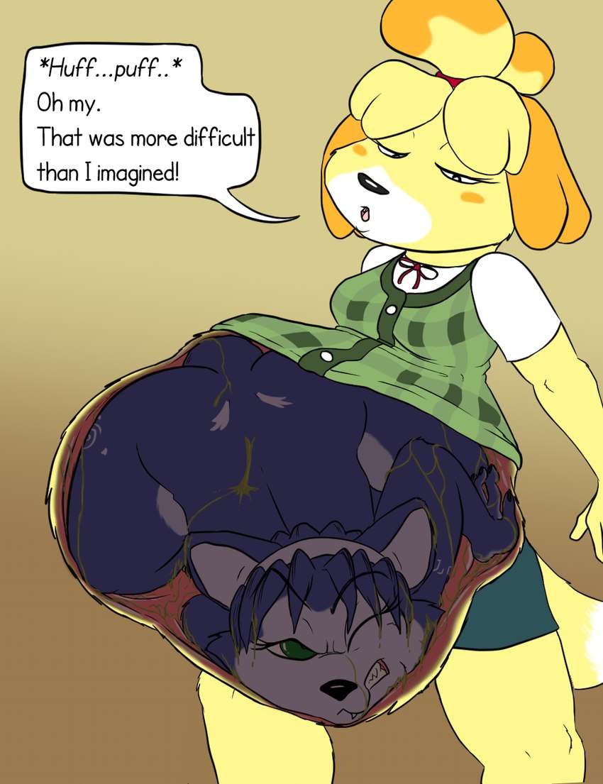 anthro cardigan duo female female/female female_pred female_prey forced fully_inside oral_vore same_size_vore text unwilling_prey vore willing_pred humbug_(artist) animal_crossing nintendo star_fox isabelle_(animal_crossing) krystal_(star_fox) canid canine canis cerinian domestic_dog fox mammal crossover english_text hi_res