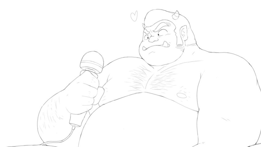 belly big_belly electronics heart_symbol horn humanoid_hands male microphone moobs nipples simple_background solo white_background ginsingoo1 urusei_yatsura lum's_father horned_humanoid humanoid 2023 monochrome