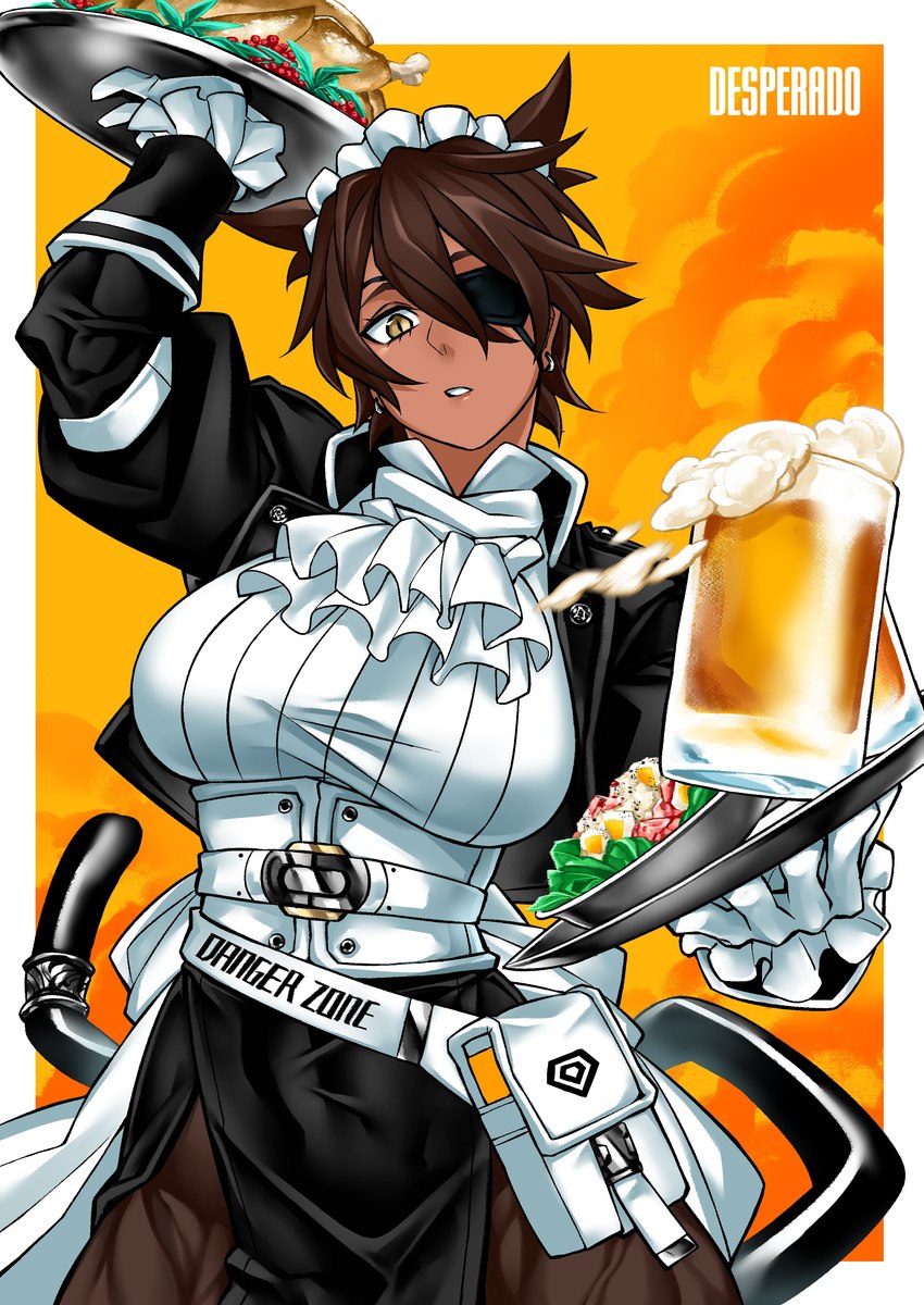 alcohol beer belt beverage big_breasts breasts brown_body brown_skin clothed clothing container cup dark_body dark_skin ear_piercing ear_ring eye_patch eyewear female food glass glass_container glass_cup gloves hair handwear holding_object jacket legwear maid_headdress maid_uniform piercing platter pupils ring_piercing short_hair side_slit slit_pupils solo stockings text topwear uniform yellow_eyes yotaro_(noirm08) mao_(yotaro) animal_humanoid avian bird cat_humanoid chicken felid felid_humanoid feline feline_humanoid galliform gallus_(genus) humanoid mammal mammal_humanoid phasianid absurd_res english_text hi_res