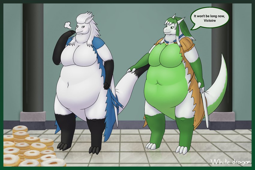 2_horns anthro belly big_belly big_breasts black_hair bloated breasts claws clothing collar detailed_background dewlap_(anatomy) dialogue digitigrade duo female fur green_body green_eyes green_fur green_hair hair horn huge_belly membrane_(anatomy) membranous_wings navel obese obese_female overweight overweight_female stuffing tail text thick_tail thick_thighs torn_clothing weight_gain white_hair wide_hips wings white-dragon mythology kate_(arcticka) victoire dragon furred_dragon furred_scalie mythological_creature mythological_scalie scalie 2024 3:2 english_text hi_res shaded signature soft_shading