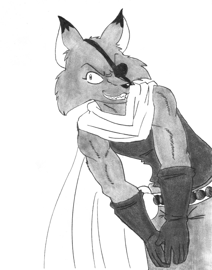 anthro belt biped black_ear_tips black_nose cape cheek_tuft clothed clothing dipstick_ears ear_markings eye_patch eyewear facial_tuft fangs looking_at_viewer male multicolored_ears muscular muscular_anthro muscular_male smile solo teeth tuft efradraws slayers jillas canid canine fox mammal absurd_res graphite_(artwork) hi_res monochrome sketch traditional_media_(artwork)