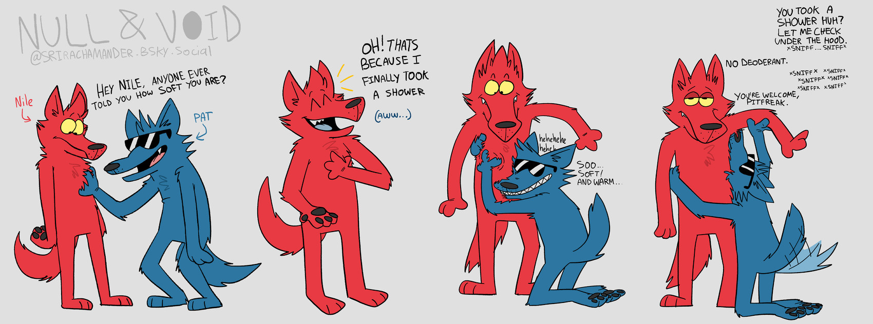 anthro armpit_fetish armpit_sniffing blue_body blue_fur dialogue duo feeling_around feeling_chest feeling_up fur hug hugging_another kneeling male male/male null pawpads paws red_body red_fur sniffing standing tail tail_motion tailwag text touching_chest srirachamander nile_(cattlechoir) pat_(cattlechoir) canid canine canis mammal wolf 2025 absurd_res comic digital_media_(artwork) english_text hi_res