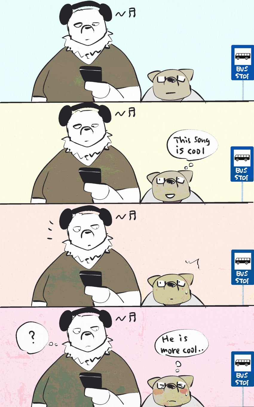 black_nose blush brown_body bus_stop clothing duo electronics eyes_closed eyewear glasses headphones kemono listening_to_music overweight question_mark shirt text topwear white_body dumdum bear canid canine mammal 2022 absurd_res comic english_text hi_res