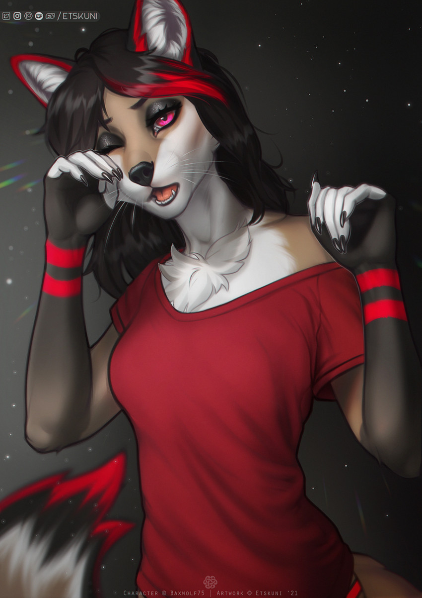 5_fingers anthro black_hair breasts chest_tuft eyebrows eyelashes female fingers hair inner_ear_fluff open_mouth solo teeth text tongue tuft whiskers etskuni keira_niobe canid canine fox mammal 2021 digital_media_(artwork) english_text hi_res