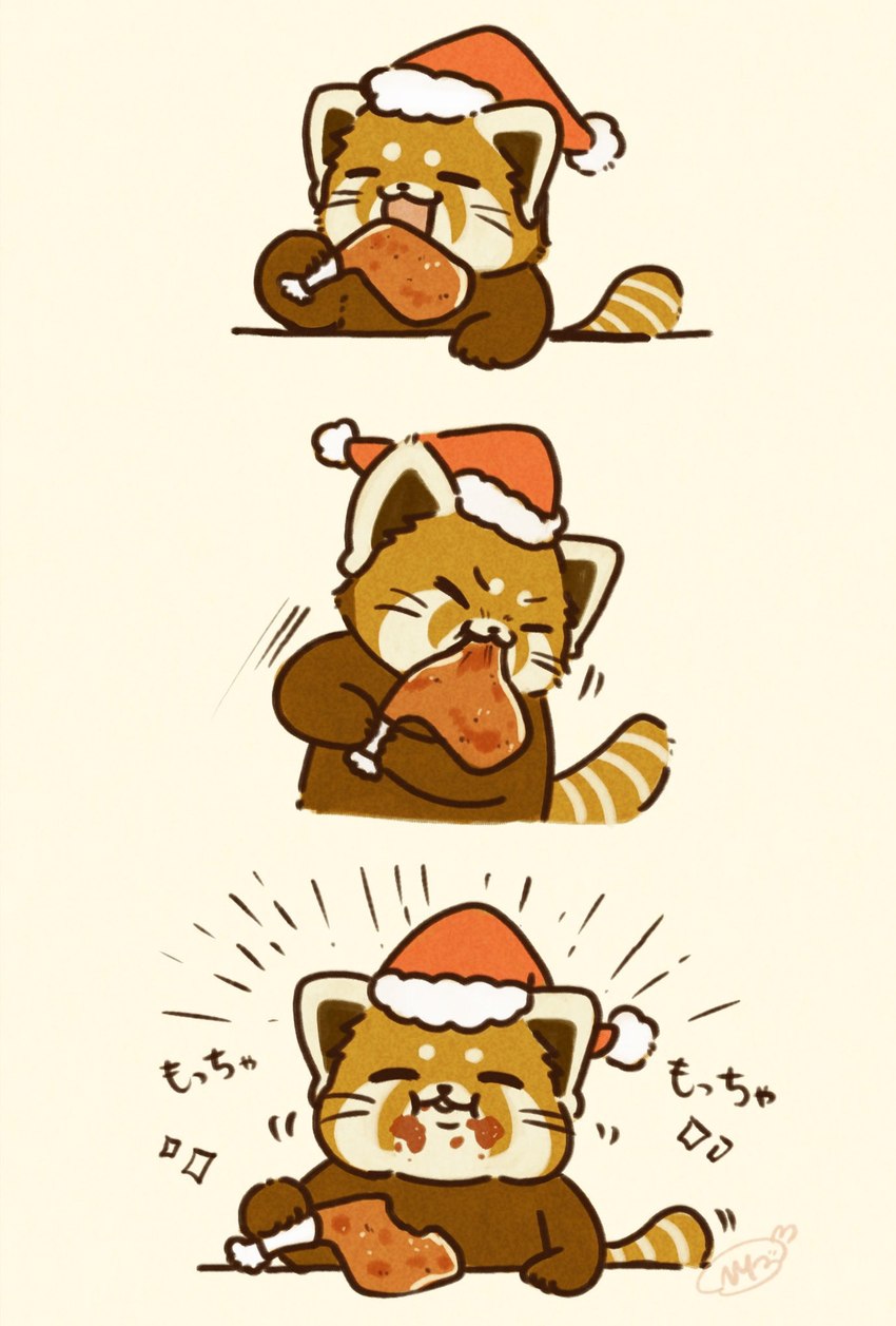 biped black_nose brown_body chibi christmas_clothing christmas_headwear clothing eating eyes_closed feral food hat headgear headwear holidays kemono open_mouth santa_hat simple_background solo text shi_nominmin christmas ailurid mammal red_panda 2024 hi_res japanese_text