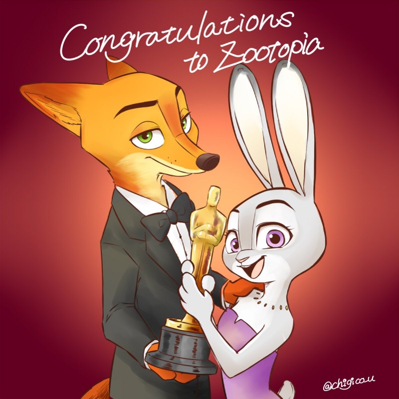 anthro award bare_shoulders black_tie_(suit) bow_(feature) bow_tie buckteeth clothed clothing dress duo female fur gradient_background green_eyes grey_body grey_fur hand_on_shoulder happy holding_award holding_object holding_oscar_statuette inner_ear_fluff jewelry looking_at_viewer male necklace open_mouth open_smile oscar_statuette purple_eyes simple_background smile suit teeth tuft chigico_u academy_awards disney zootopia judy_hopps nick_wilde canid canine fox lagomorph leporid mammal rabbit red_fox true_fox 1:1 2017 half-length_portrait hi_res portrait