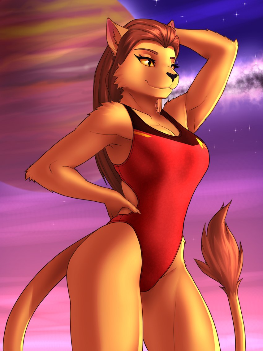 anthro arm_tuft breasts brown_body brown_fur brown_hair clothing elbow_tuft exposure_variation eyebrows eyelashes female fur hair hand_on_hip inner_ear_fluff long_hair one-piece_swimsuit planet pupils shoulder_tuft slit_pupils solo swimwear tail tail_tuft tuft yellow_sclera mykegreywolf star_trek star_trek_the_animated_series m'ress alien caitian felid mammal 2022 3:4 absurd_res hi_res portrait three-quarter_portrait