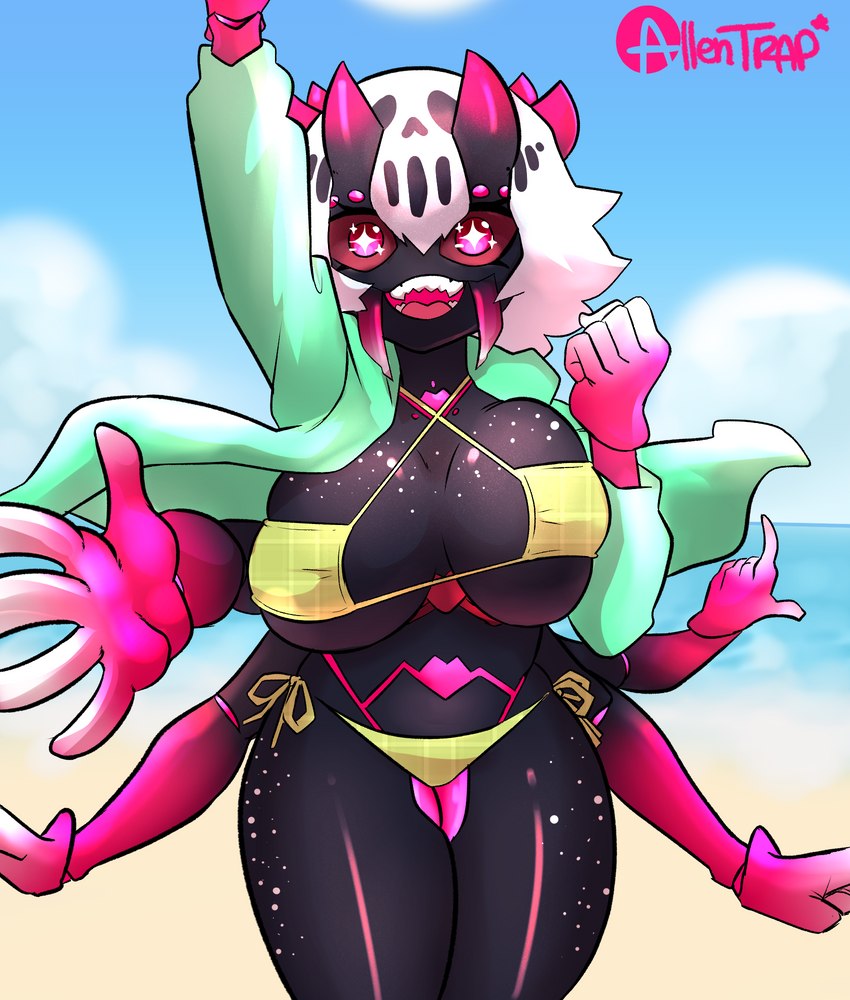 big_breasts bikini black_body black_skin breasts clothing fangs female hair hoodie horn multi_arm multi_eye multi_horn multi_limb red_eyes smile solo sparkles sparkling_eyes swimwear teeth topwear two-piece_swimsuit white_hair allentrap arachnid arthropod humanoid spider hi_res