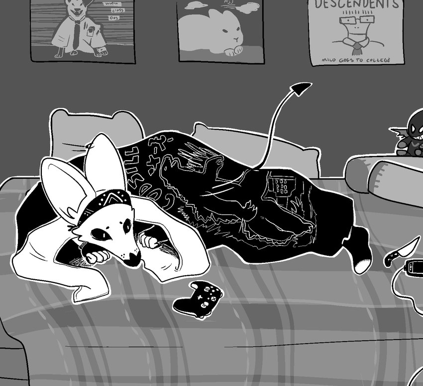 alternative_fashion anthro bed bedding bedroom blanket cellphone cheek_tuft clothing controller ear_piercing ear_ring electronics facial_tuft fingerless_gloves footwear furniture game_controller gloves handwear kerchief knife lying lying_on_bed male on_bed on_front phone piercing punk ring_piercing smartphone socks solo spade_tail tail tuft wide_eyed xbox_controller sinsquest microsoft xbox xbox_game_studios sins_(sinsquest) bat mammal hi_res monochrome trans_(lore) trans_man_(lore)