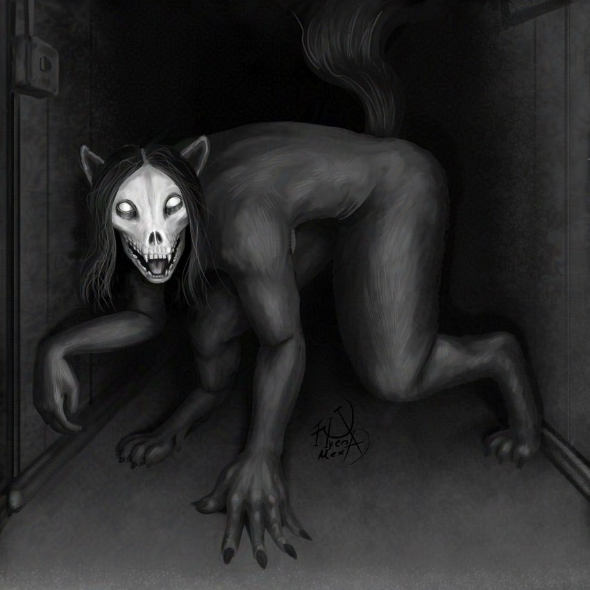 ambiguous_gender anthro black_body black_fur black_hair bone digitigrade fur hair hallway lightswitch looking_at_viewer nude open_mouth skull skull_head smile solo tail teeth tongue white_eyes hyenamexa scp_foundation scp-1471-a canid canine mammal monster digital_media_(artwork)