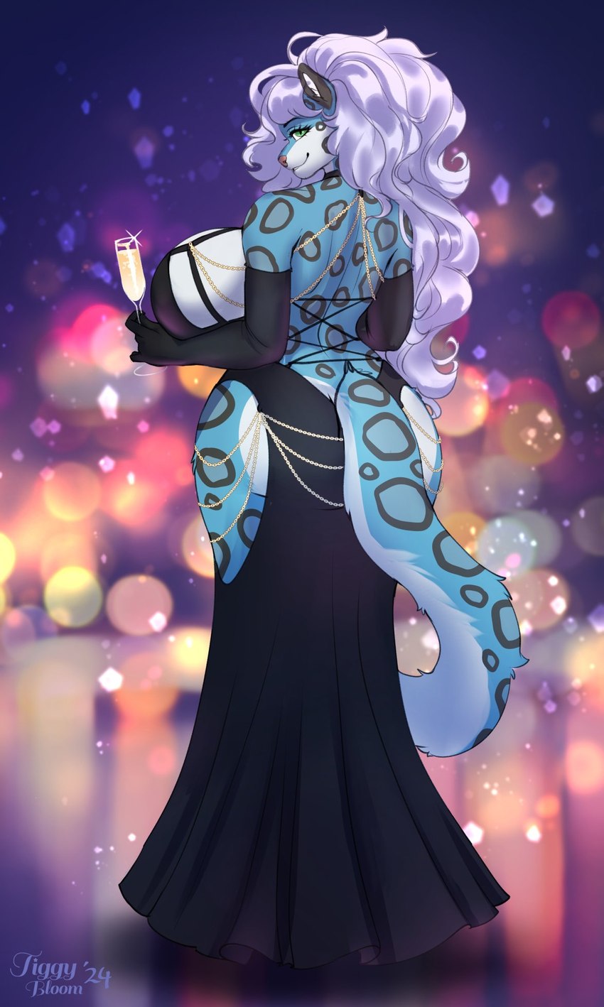 anthro big_breasts big_butt black_clothing black_dress blue_body blue_fur breasts butt clothed clothing dress eyelashes female fur green_eyes hair holding_glass holding_object huge_breasts looking_at_viewer purple_hair rear_view solo spotted_arms spotted_back spotted_legs standing white_body white_fur tiggybloom hollow_hip_backless_chain_dress felid mammal 2024 dated hi_res