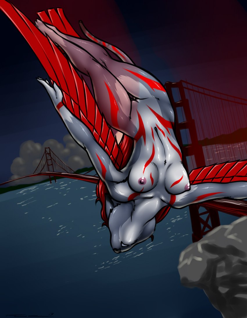 anthro biped breasts bridge cloud feathered_wings feathers female flying genitals glistening golden_gate_bridge nipples nude pussy san_francisco sea solo tail water wings furball scarlett_(furball) domestic_cat felid feline felis mammal 2013 digital_media_(artwork)