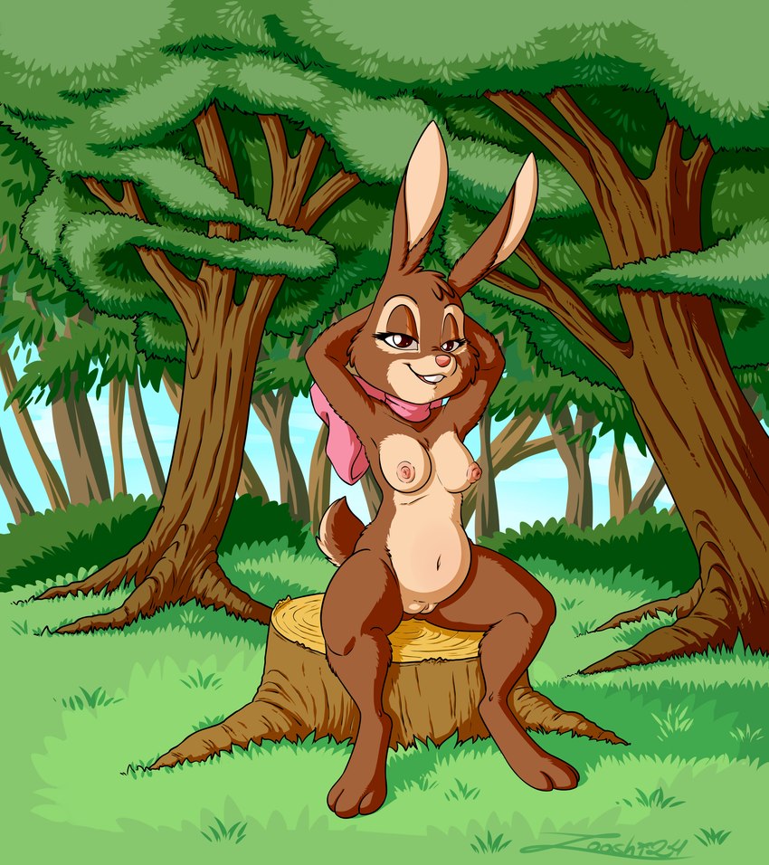 anthro breasts day female flirting forest genitals mascot medium_breasts nipples nude pink_nipples plant pussy slightly_chubby smile solo spread_legs spreading tree zooshi cadbury cadbury_bunny lagomorph leporid mammal rabbit absurd_res hi_res