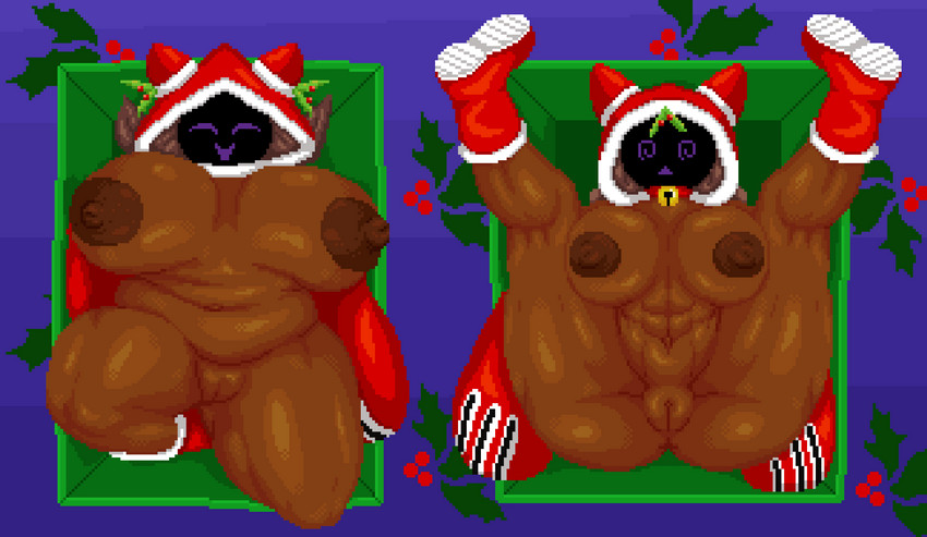 abs anus areola bell belly big_areola big_breasts boots breasts brown_body brown_hair brown_skin butt clothing dark_body dark_skin duo eyes_closed female footwear genitals glistening glistening_body glistening_skin hair high-angle_view holidays holly_(plant) hood huge_breasts jingle_bell legs_up mostly_nude navel nipples overweight overweight_female overweight_humanoid plant purple_eyes pussy shadow_face shoes smile spiral_eyes spread_legs spreading thick_thighs spinneborg arc_system_works blazblue christmas fan_character lunakaka_(spinneborg) minakaka_(spinneborg) animal_humanoid cat_humanoid felid felid_humanoid feline feline_humanoid humanoid kaka_(blazblue) mammal mammal_humanoid 2020 absurd_res digital_media_(artwork) hi_res pixel_(artwork)