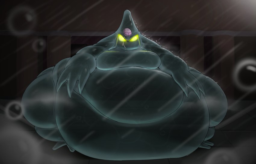 anthro belly_overhang blue_body bottom_heavy front_view glowing glowing_eyes green_eyes huge_hips looking_at_viewer male moobs morbidly_obese morbidly_obese_anthro morbidly_obese_male obese obese_anthro obese_male overweight overweight_anthro overweight_male raining solo translucent translucent_body water wide_hips shweetmagnet sega sonic_adventure sonic_the_hedgehog_(series) chaos_(sonic) elemental_creature water_creature absurd_res hi_res