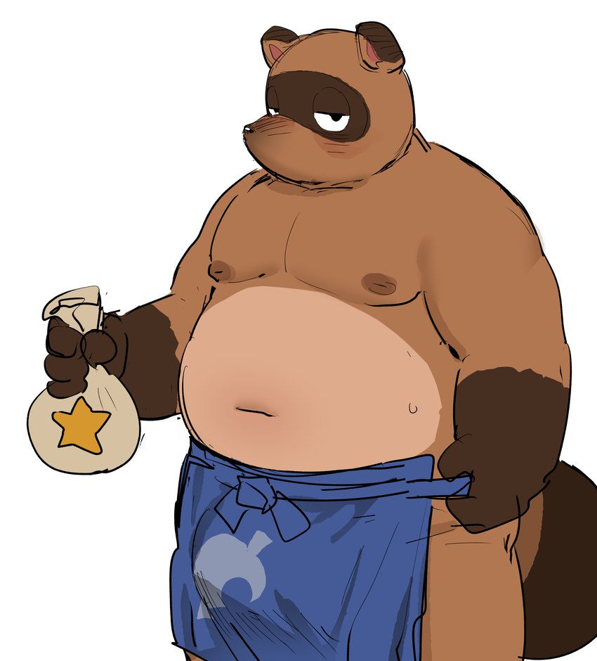 anthro apron belly big_belly blue_apron blue_clothing bodily_fluids brown_body bulge clothing humanoid_hands kemono male money_bag moobs navel nipples overweight overweight_male simple_background solo sweat white_background ssu_open animal_crossing nintendo tom_nook_(animal_crossing) canid canine mammal raccoon_dog tanuki 2023 absurd_res hi_res