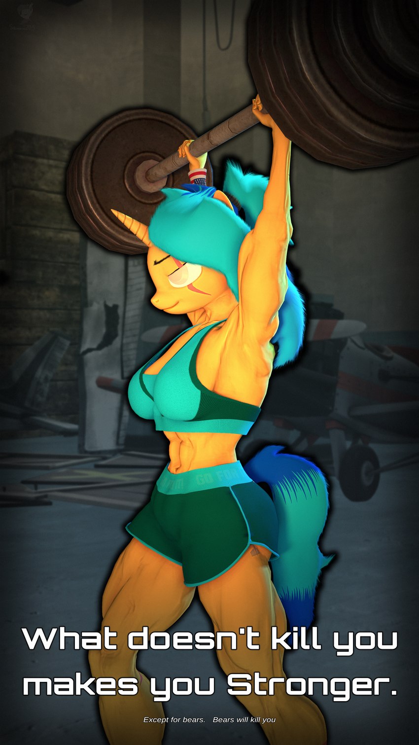 abs anthro athletic_wear barbell blind_eye bottomwear bra breasts butt clothed clothing cutie_mark exercise eye_scar facial_scar female female_anthro fluffy fluffy_hair fluffy_tail fur gym_bottomwear gym_shorts hair horn motivational_art motivational_poster muscular muscular_anthro muscular_female navel revamped_anthros scar shorts simple_background smile solo sports_bra tail text topwear underwear weightlifting weights workout silkworm205 hasbro my_little_pony mythology fan_character flight_check equid equine mammal mythological_creature mythological_equine unicorn 3d_(artwork) 4k 9:16 absurd_res digital_media_(artwork) english_text hi_res source_filmmaker_(artwork)