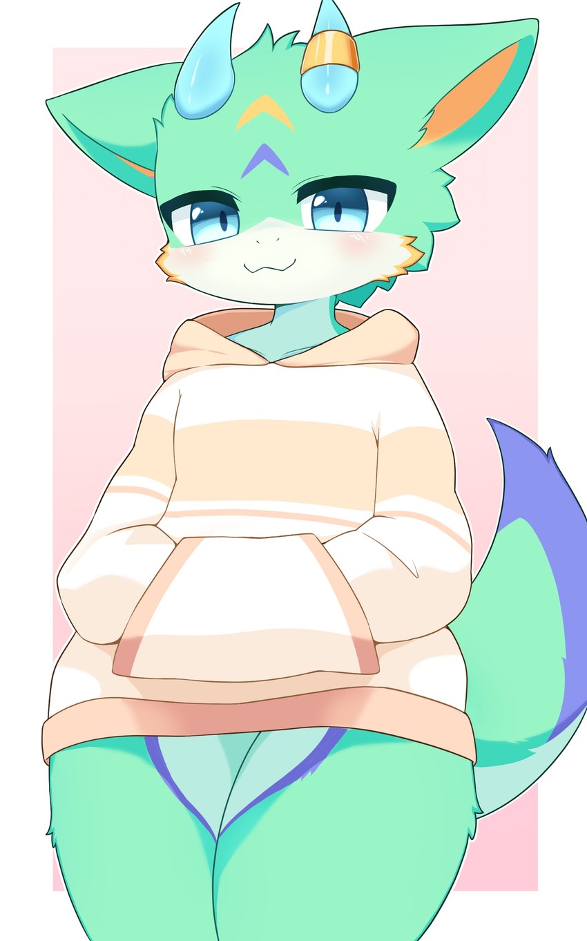 :3 ambiguous_gender anthro big_eyes blue_body blue_eyes blue_fur blush blush_lines bottomless cheek_tuft closed_smile clothed clothing facial_tuft front_view fur geometric_background green_body green_fur hands_in_both_pockets happy hoodie hoodie_only horn horn_jewelry horn_ring inner_ear_fluff jewelry kemono looking_at_viewer mouth_closed multicolored_body multicolored_fur pattern_clothing pattern_hoodie pattern_topwear pupils raised_tail ring_(jewelry) simple_background smile solo standing striped_clothing striped_hoodie striped_topwear stripes tail tan_clothing tan_hoodie tan_topwear thick_thighs topwear topwear_only tuft two_tone_hoodie white_body white_clothing white_fur white_hoodie white_topwear wide_hips yellow_body yellow_fur shirom furred_scalie scalie 2024 absurd_res digital_media_(artwork) hi_res portrait three-quarter_portrait