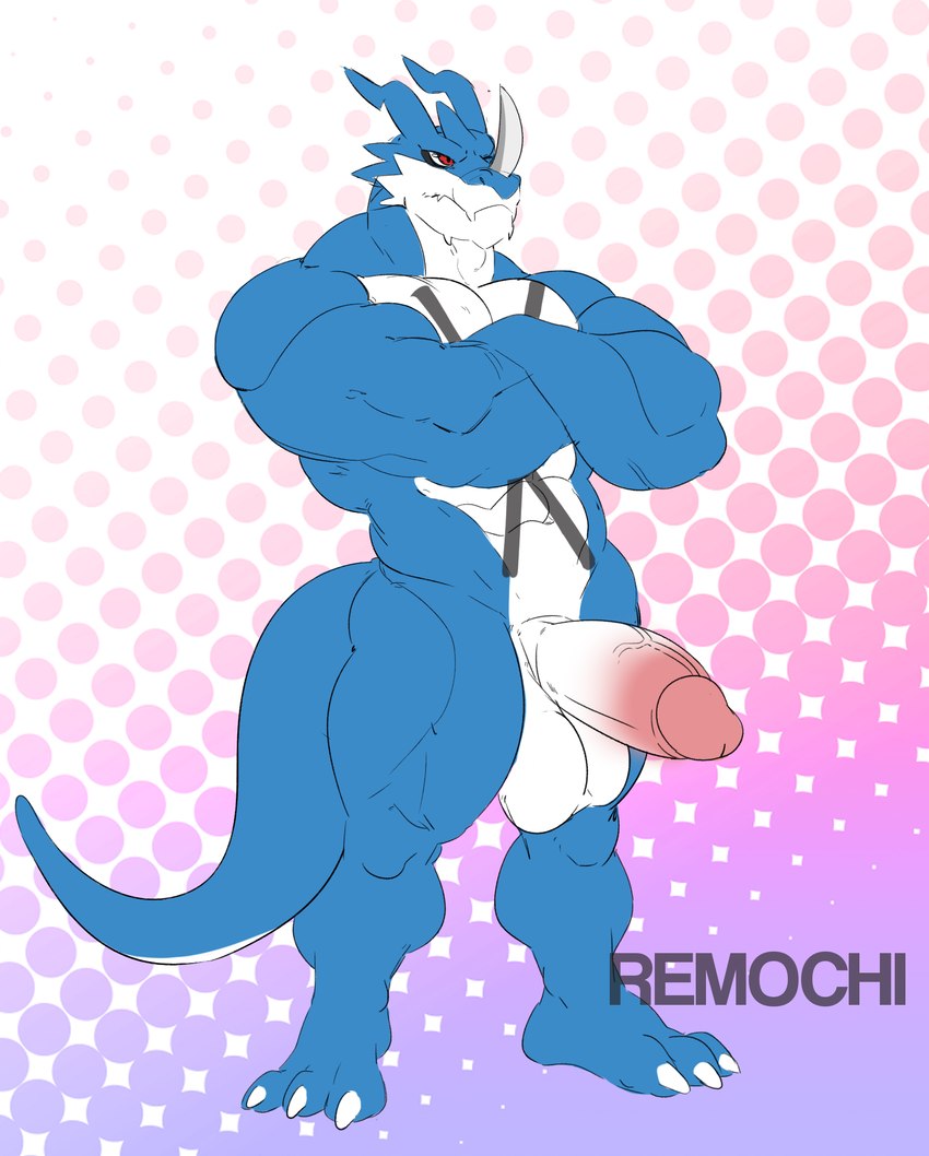 anthro big_penis genitals humanoid_genitalia humanoid_penis male muscular muscular_male nude penis solo standing remochi bandai_namco digimon digimon_(species) exveemon hi_res