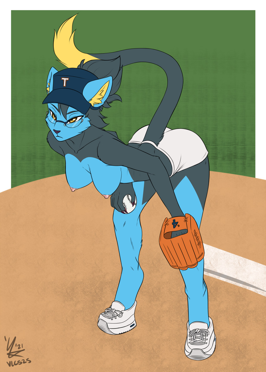 anthro anthrofied ball baseball_(ball) baseball_cap baseball_glove biped black_body black_fur blue_body blue_fur breasts clothed clothing female fur furgonomics hat headgear headwear holding_ball holding_object nipples pokemorph solo topless topless_female vlc525 nintendo pokemon tess_sovany felid feline generation_4_pokemon luxray mammal pokemon_(species) 2021 hi_res