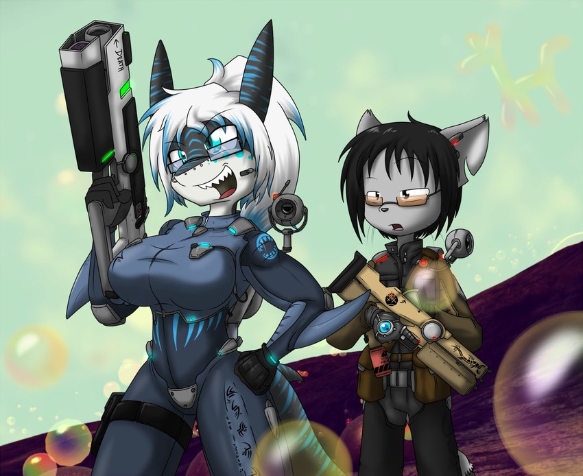 anthro big_breasts black_body black_hair black_scales blue_body blue_hair blue_highlights blue_scales blue_stripes bodysuit breasts clothing countershading curvy_figure duo eyewear facial_piercing female fin fingers fur furgonomics furry-specific_piercing glasses gloves grey_body grey_fur gun hair hand_on_hip handwear highlights_(coloring) huge_breasts jacket male multicolored_hair muzzle_piercing nose_piercing piercing ponytail profanity ranged_weapon scales sharp_teeth simple_background simple_eyes skinsuit smile standing striped_body striped_scales stripes sunglasses teal_eyes teeth text thick_thighs tight_clothing tongue topwear voluptuous weapon whiskers white_body white_hair white_scales sandwich-anomaly no_man's_sky nika_sharkeh van_(sandwich-anomaly) domestic_cat felid feline felis fish mammal marine shark 2018 digital_media_(artwork) english_text hi_res