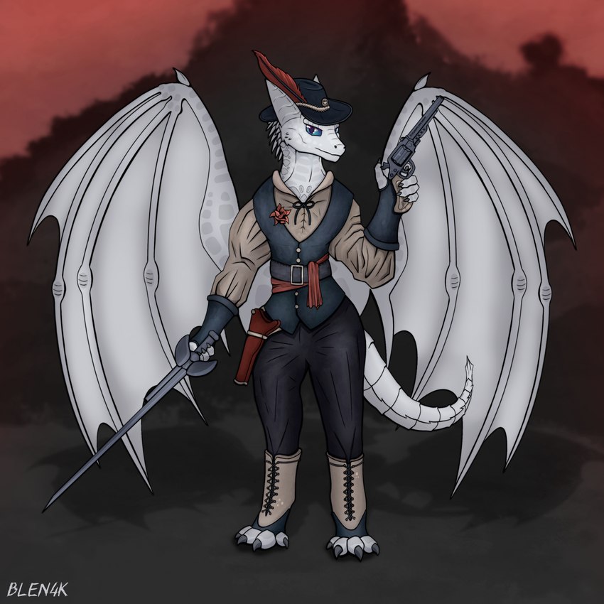 anthro blue_eyes clothing female gun handgun hat headgear headwear melee_weapon ranged_weapon rapier revolver solo spread_wings sword weapon white_body wings blen4k inura mythology selena_(blen4k) dragon mythological_creature mythological_scalie scalie 1:1 2023 hi_res