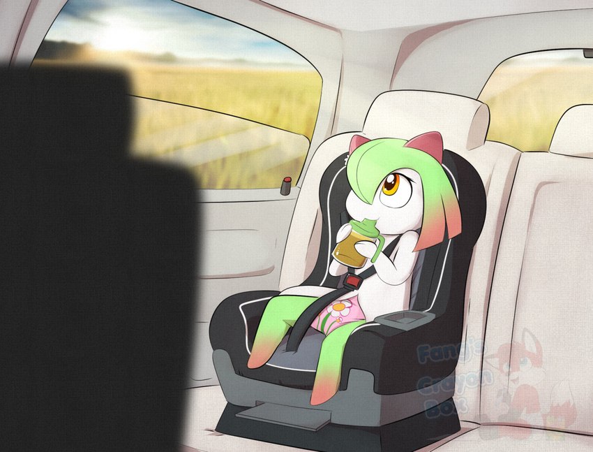 anthro apple_juice car car_seat clean_diaper clothed clothing diaper female inside_car juice_(beverage) sippy_cup solo vehicle wearing_diaper fangthefox nintendo pokemon cole_murphy generation_3_pokemon kirlia pokemon_(species)