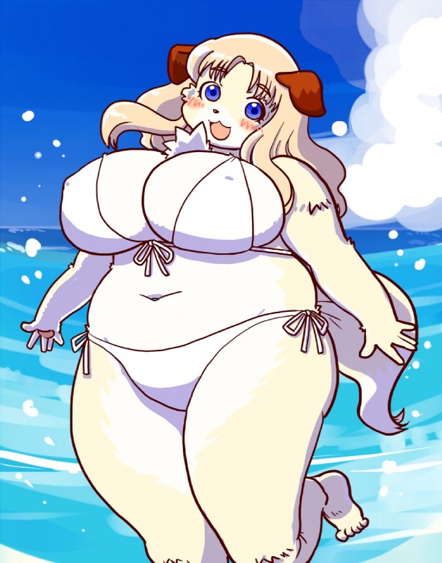 anthro barefoot beach belly big_breasts bikini blonde_hair blue_eyes blush breasts chest_tuft clothed clothing cloud feet female front-tie_bikini front-tie_clothing front-tie_swimwear fur hair kemono looking_at_viewer nipple_outline open_mouth outside overweight overweight_anthro overweight_female seaside side-tie_bikini side-tie_clothing side-tie_swimwear sky smile solo string_bikini swimwear tan_body tan_fur tuft two-piece_swimsuit water kin-shun mai_(kin-shun) canid canine canis domestic_dog mammal hi_res